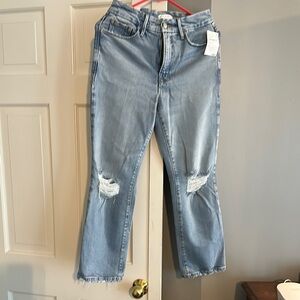 Good American Blue Straight Leg Jeans with Distressed Details